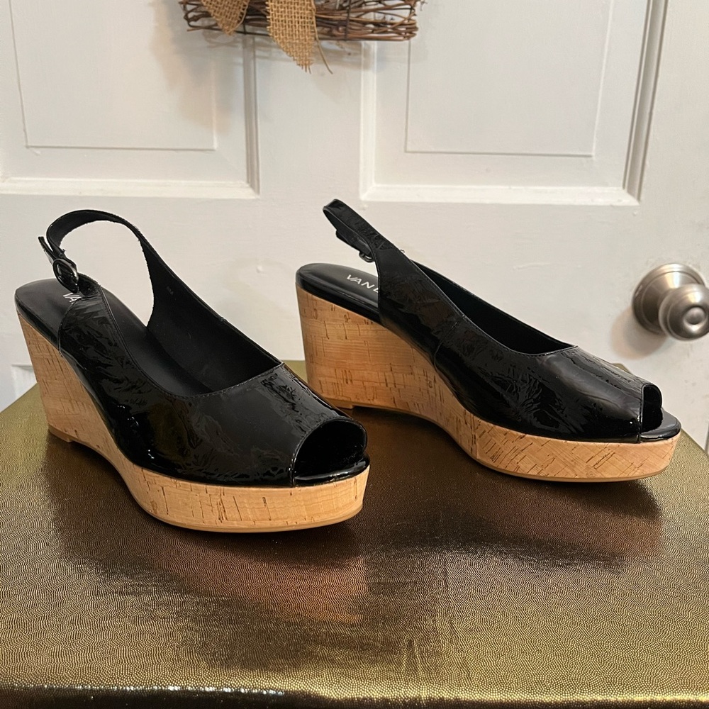 Preloved Vaneli Shiny Black Cork Platform Wedge Slingback Sandals.